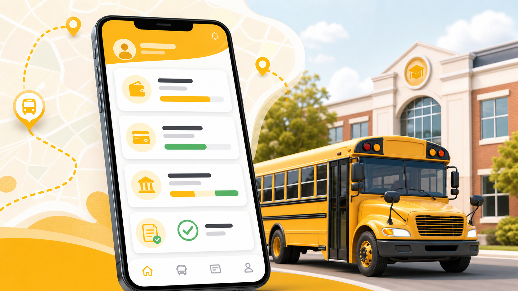 Parent and student near a school bus with tracking information