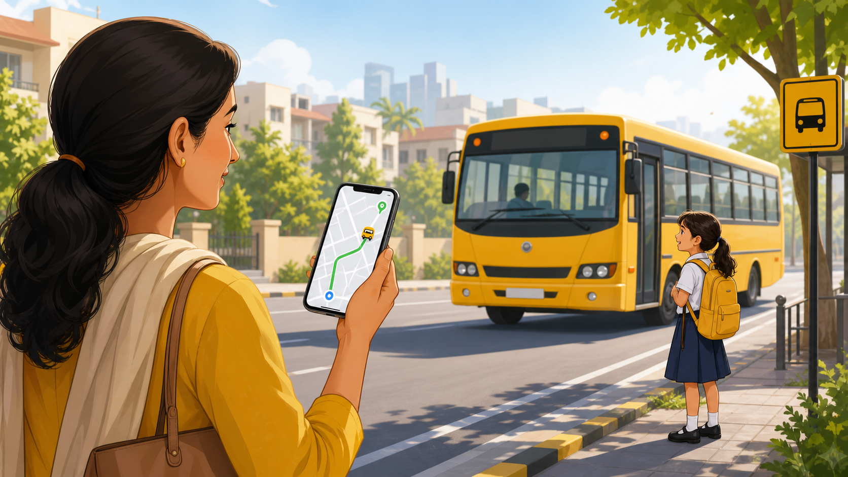 Parent tracking a school bus on a mobile phone