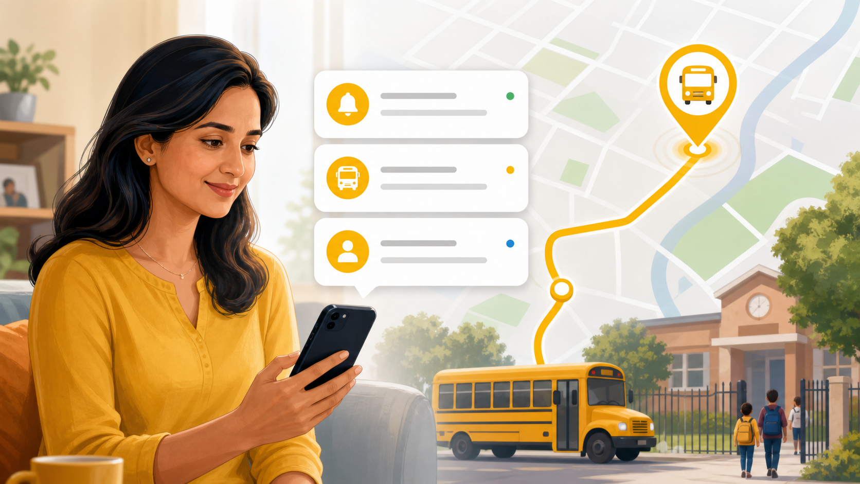 Parent using a school bus tracking app near the bus stop